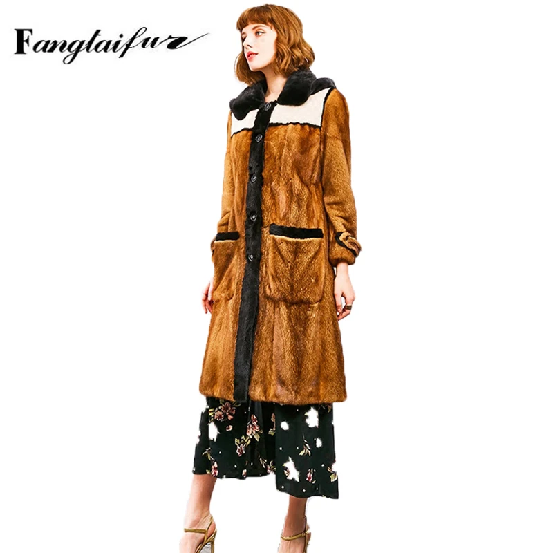 

Ftangaiur Winter Women Jackets Import Crown Velvet Mink Fur Coat With Fur Hood Mink Coats Women's X-Long Real Mink Fur Coats