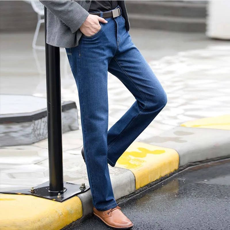 Мода 2017 г. бренд синие джинсы Slim Fit Для мужчин Повседневное прямые джинсовые
