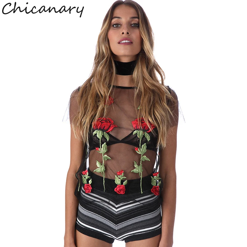 Chicanary 2017 женщины выросли вышивка футболка черные прозрачные женские топы