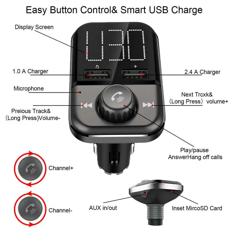 Fm-передатчик Bluetooth Радио адаптер громкой связи автомобильный комплект 3.4A Dual USB