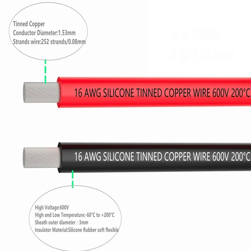 16 awg провод, 66 футов силиконовый провод мягкий медный провод высокая термостойкость 2 Разделенные провода 33 фута черный и 33 фута Красный