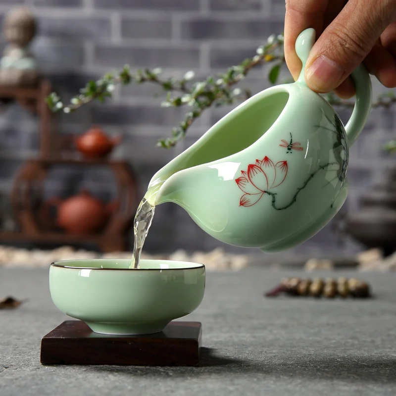 Набор чайных чашек Longquan celadon, ручная роспись, набор чайных чашек кунг-фу, рыба, цветок лотоса, чайный набор, керамика, китайский стиль, домашний чайный набор