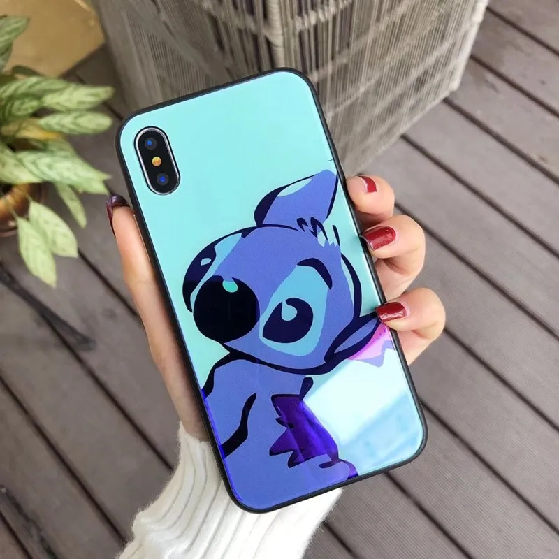Blue-ray Tempered Glass Phone Case For iPhone XS MAX XR X Pooh Stitch Cute Cartoon TPU Back Cover 7 8 6 6s Plus |