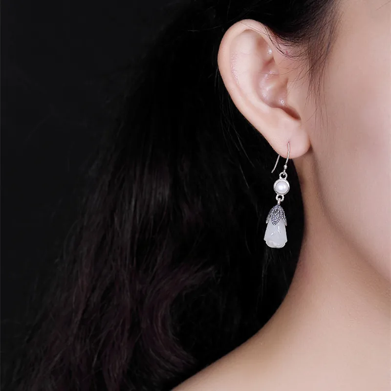 Uglyless Elegant Romantic Floral Earrings Women Handmade Solid 925 Silver Pearls Natural White Jade Thai Bijoux | Украшения и