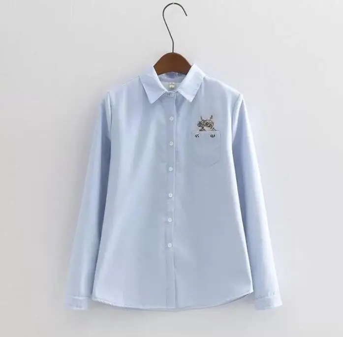 Women Shirt White Blue Tops Ladies Blouses Long Sleeve Shirt Female Office Top Pocket  Cat Printed Embroidery