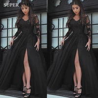 superkimjo black prom dresses 2020 lace applique elegant v neck long sleeve prom gown vestido de longo