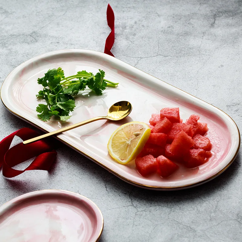 Керамический Мраморный поднос для хранения фруктов десертная тарелка розовый