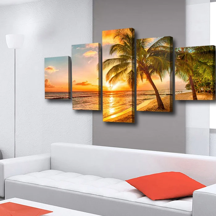 

5 Piece Golden Sunset Seascape Included Coco Beach Modern Wall Art Picture Canvas Print Painting For Living Room Decor Unframed