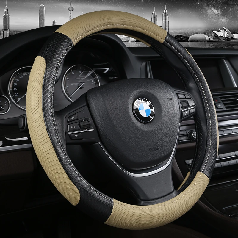 

Carbon Fiber Cowhide Car Steering Wheel Cover 38CM Non-slip Wear-resistant Sweat Absorbing Fashion Sports Steering Wheel Cover