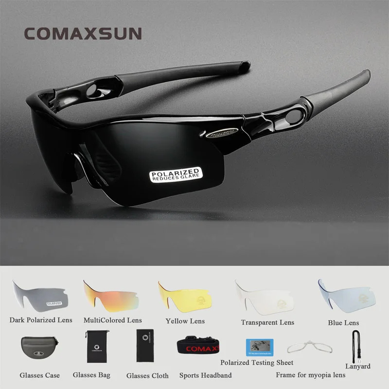Black COMAXSUN, Профессиональные поляризованные велосипедные очки, велосипедные очки, спортивные велосипедные солнцезащитные очки, UV 400, с 5 линзами, 5 цветов - Цвет: Black