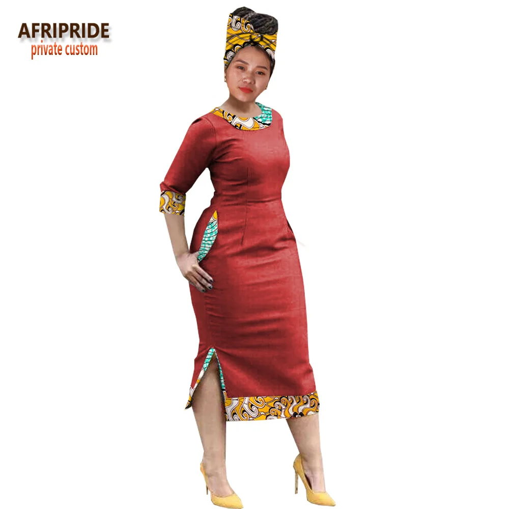 Традиционные африканские платья для женщин AFRIPRIDE Половина рукава до середины икры Длина женское Повседневное платье с шарфом A1825012
