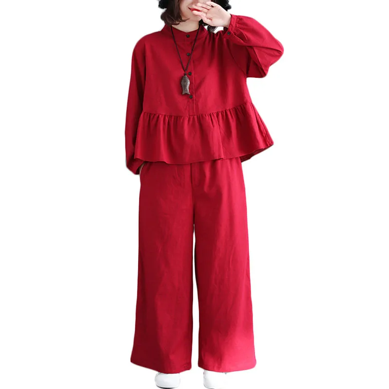 

Spring Autumn New Casual Suit Women literary Loose long-sleeve shirt +cotton wide-leg pants 2 piece Suits Womens Fashion Sets 13