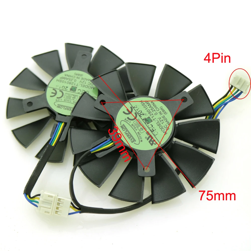 T128010SH 12V 0.25A 75 мм 39*39*39 VGA вентилятор 4Pin для ASUS STRIX GTX750TI GTX960 Вентилятор Охлаждения