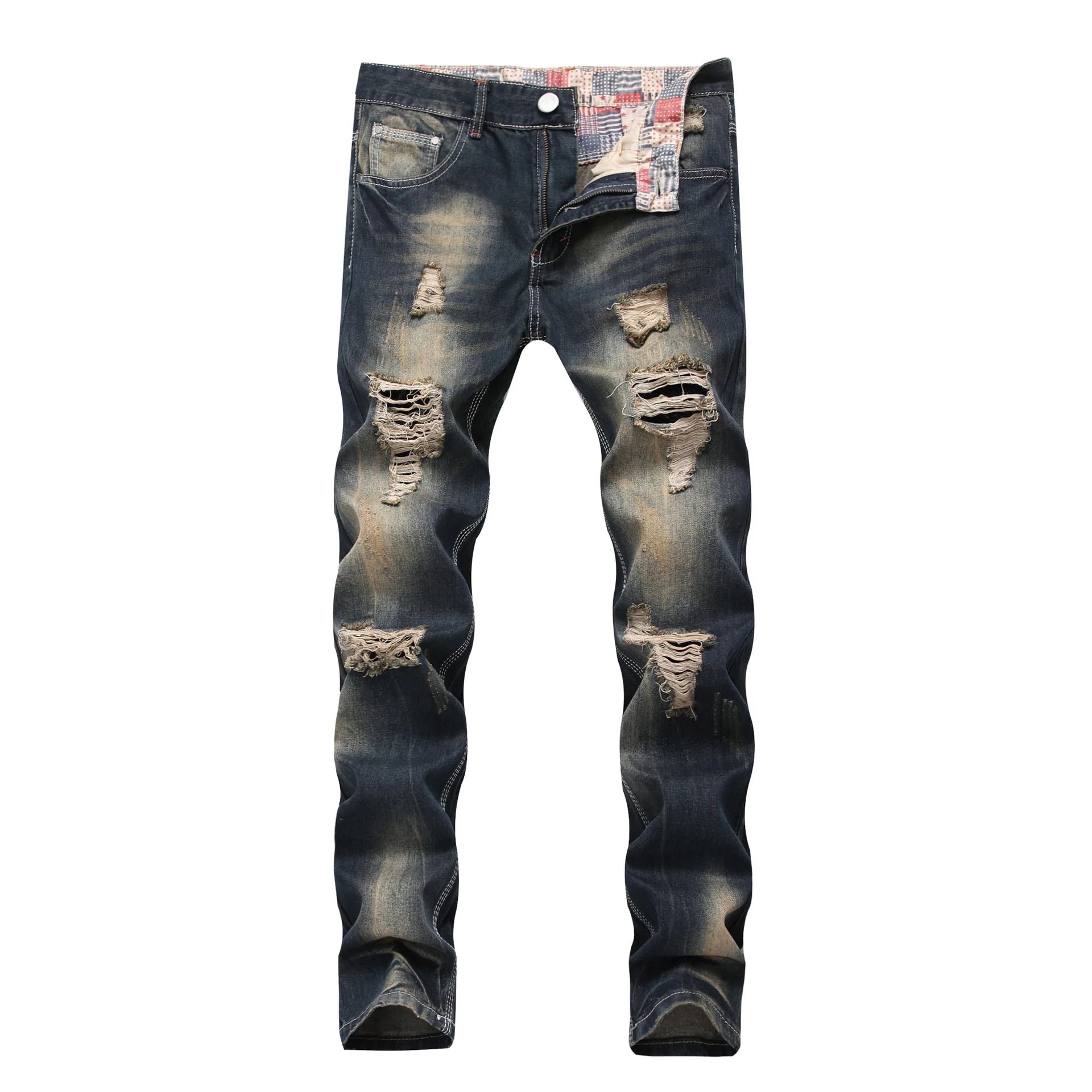 

Streetwear Mens Ripped Jeans Holes Denim Pants New Brand straight Slim Jean Men High Quality Vintage Jeans Plus Size