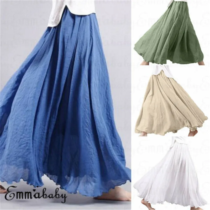 Женская длинная Плиссированная юбка Бохо винтажная однотонная льняная макси с