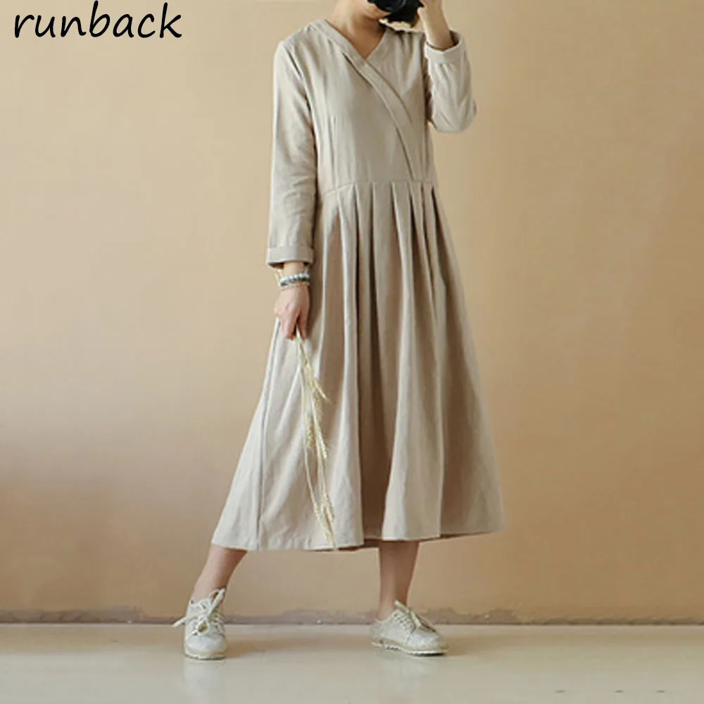 Runback винтажные однотонные женские плиссированные платья Jurken с v образным вырезом