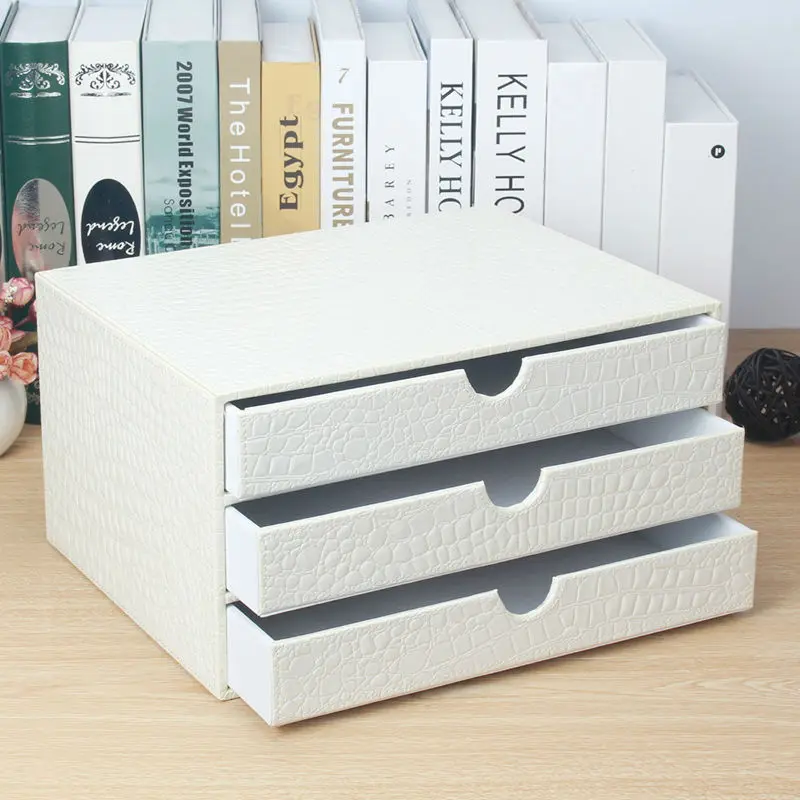 office 3-drawer wooden leather desk a4 file cabinet drawer box table organizer document holder rack tray crocodile white 217E