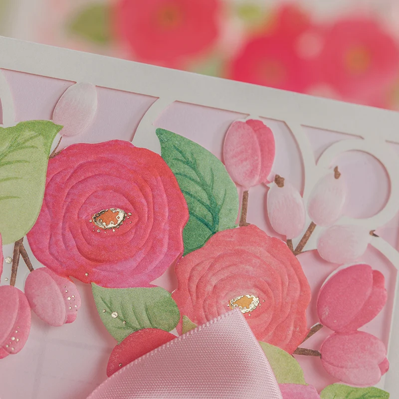 Лазерная резка красный цветок Цвет Свадебное приглашение с розовой лентой|wedding