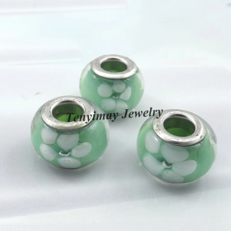 Светло-зеленые лампворк стеклянные бусины Европейский Шарм с большим отверстием