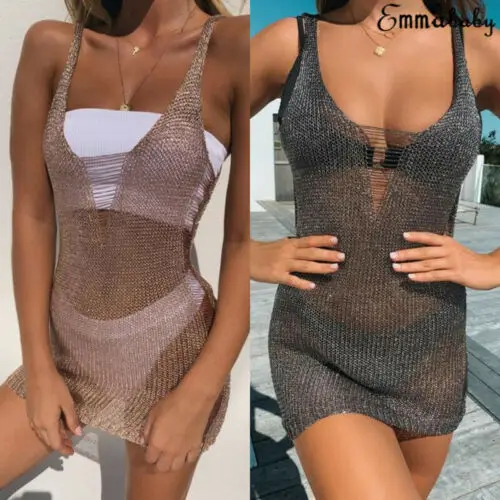 Hot Style Women's Beach Bikini Sexy Cover up Short Mesh Dress Summer Boho Mini Dress Swimwear