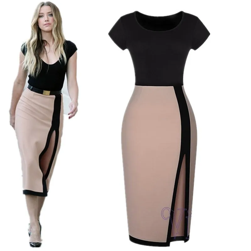 women dress 2015 summer O Neck Short Sleeves Patchwork Mid Calf bodycon high quality party evening elegant novelty dresses|dress up little