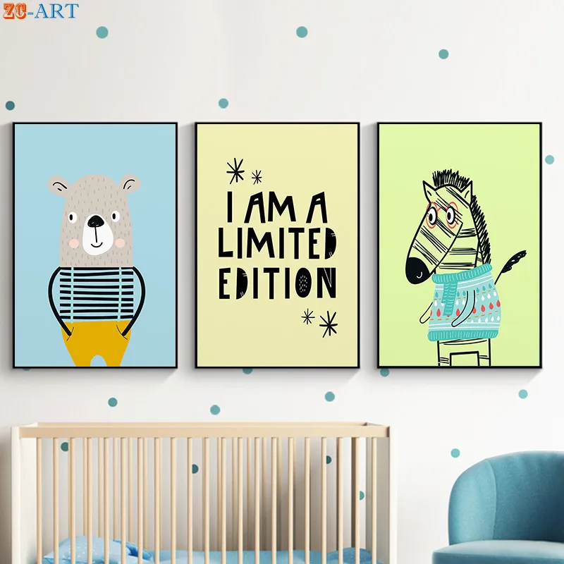 Печатный рисунок зебры медведя постер из мультфильма Картина на холсте синий
