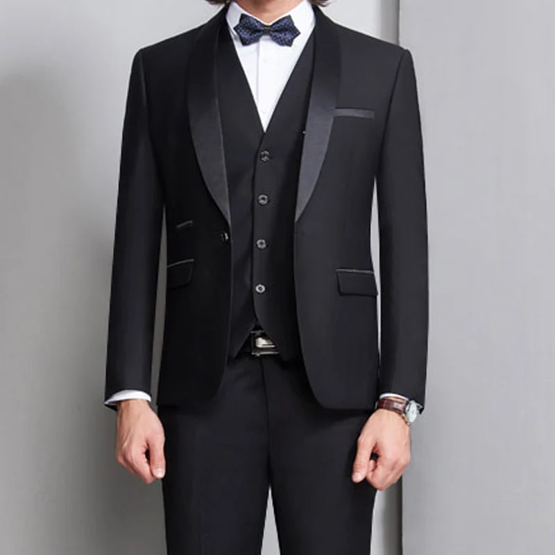 Black Groom Tuxedo for Wedding Prom Men Suits 3 Piece Smoking Formal Slim Fit Ceremony Male Clothes Set Vest Jacket Pants | Мужская