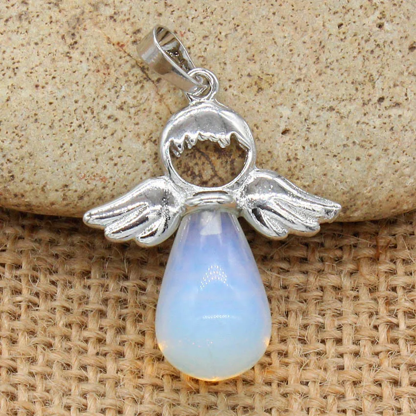 

100-Unique Trendy 1 Pcs Silver Plated Opalite Opal Water Drop Cute Angel Wing Pendant