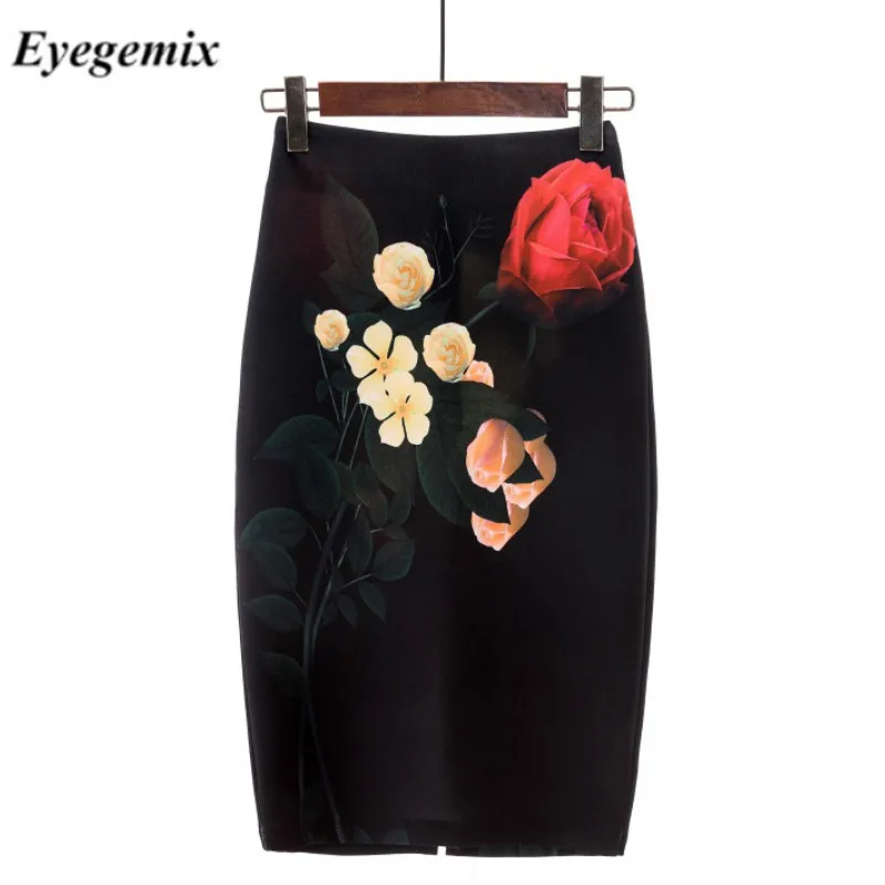 Юбка-карандаш Женская с красным цветочным принтом черная M-XXL | одежда