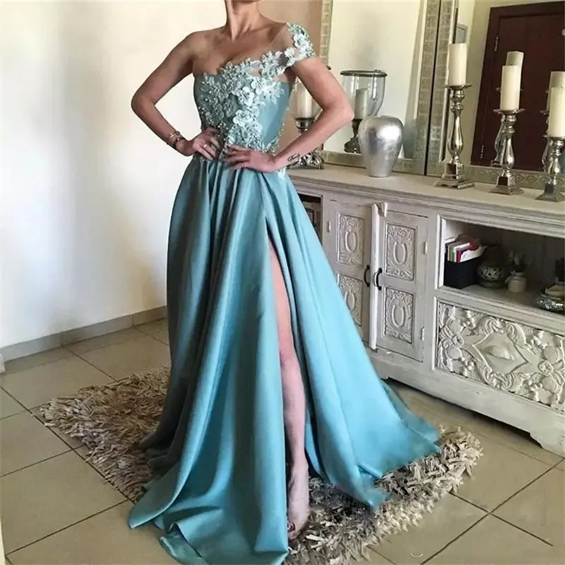 

Blue Evening Dresses Satin A Line One Shoulder Appliques High Slit Flowers Beaded Long Party Occasion Gowns Prom Dress