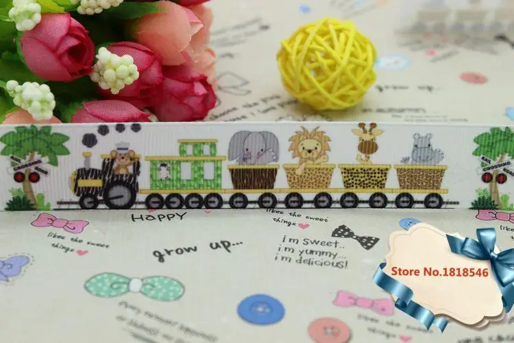 22mm train and animals cartoon printed grosgrain ribbon hairbow 7/8 diy birthday gift paking series fashion | Дом и сад