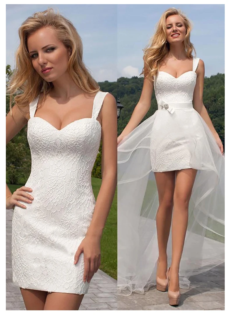 

Detachable Train Beach Wedding Dress 2019 Sexy Sheer Sweetheart Neck Backless Short skirt vestido De Novia Lace Bridal Gowns