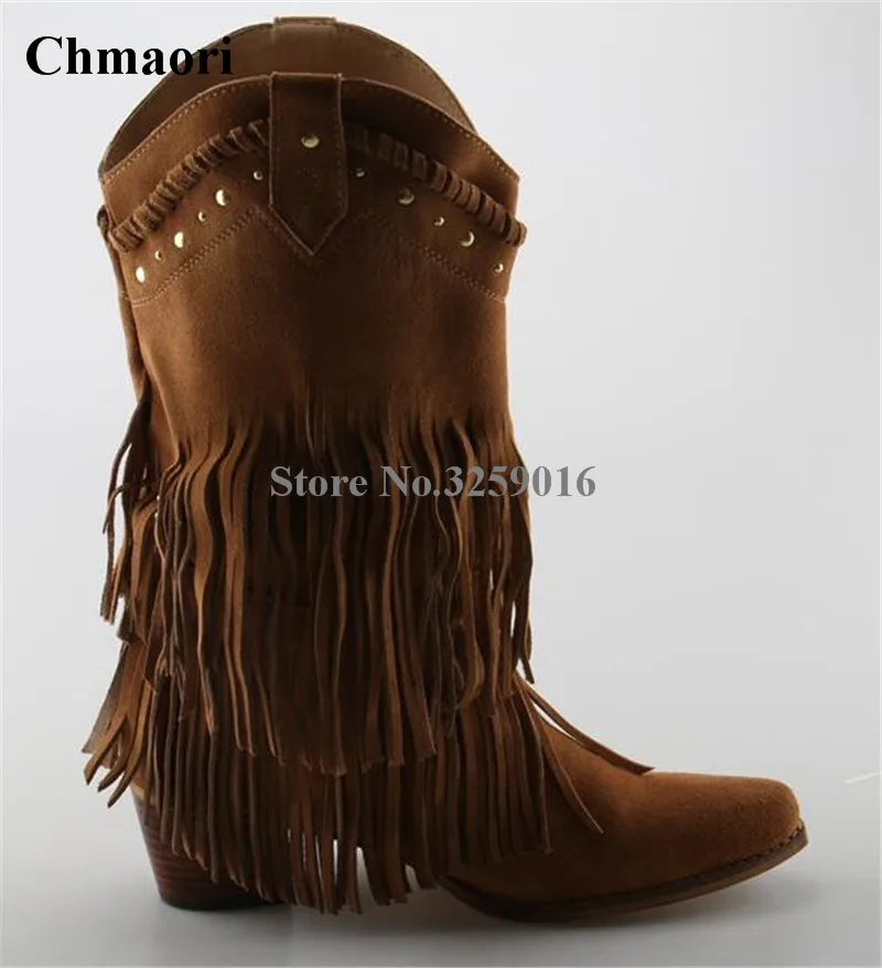 

Winter Women Boots Pointed Toe Suede Leather Tassels Knight Knee High Boots Fringes Motorcycle Long Boots Leisure Boots