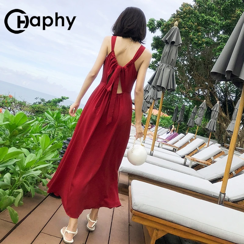 Богемное платье с открытой спиной на шнуровке 2019 сексуальные спагетти ремень