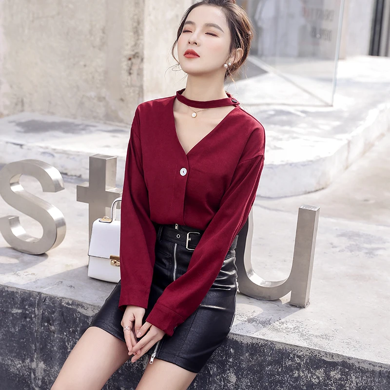 2019 Spring Blouses Women Long Sleeve Shirts Female Fashion Office Lady OL Elegant Womens Tops and Black Red | Женская одежда