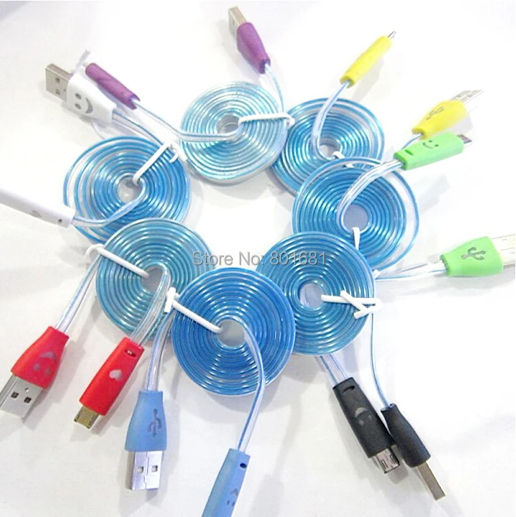 Оптовая продажа Универсальный смайлик светодиодный Micro USB кабель LED 1 м плоский