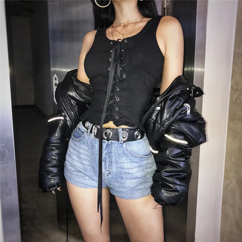 Женский облегающий укороченный топ без рукавов Harajuku Vogue черный Топ с u образным