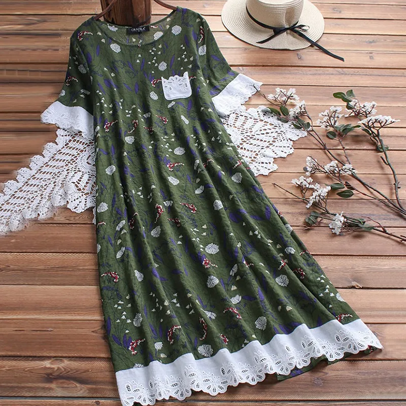 Женское кружевное платье с цветочным принтом Длинное свободное хлопковое