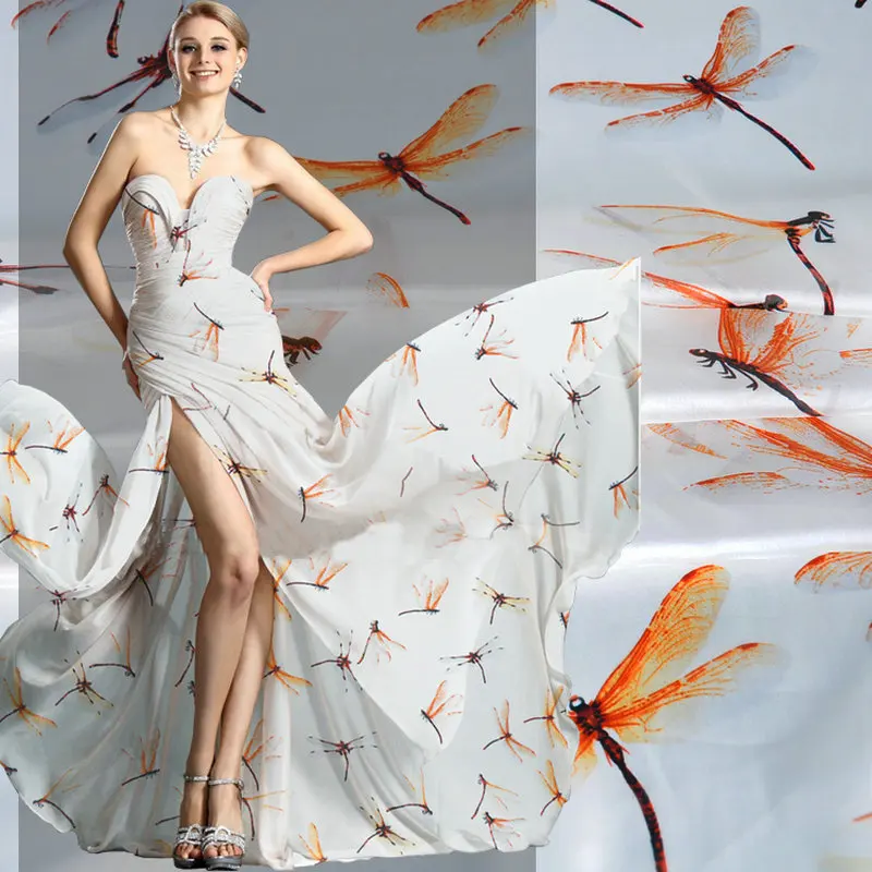 Цифровая печать с рисунком стрекозы чистый натуральный шелк шифон тутового