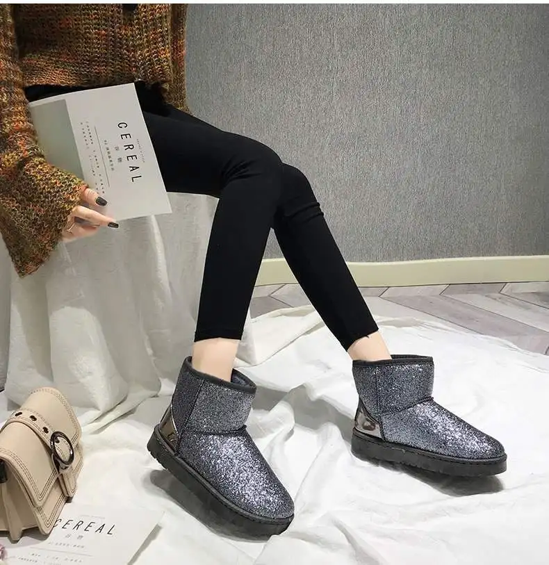 Зимние ботинки; женская обувь; коллекция года; новые зимние женские ботильоны; модные ботинки на плоской подошве размера плюс; женская хлопковая обувь с блестками; Botas feminina