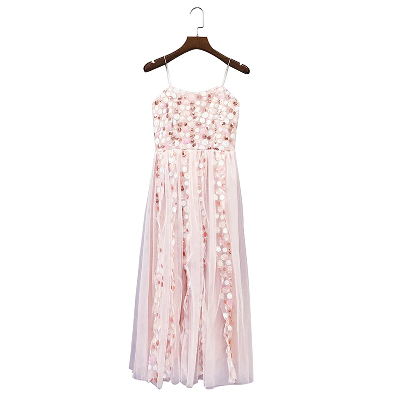 Возможно U Розовый повседневное праздничное Сетчатое платье с блестками на