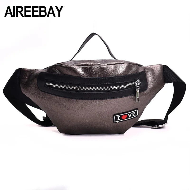 

AIREEBAY Preppy Style Fanny Pack Women Leather Belt Bag Brand Patch Designer Women Waist Bag Silver Black Lady Pouch Waist Pack
