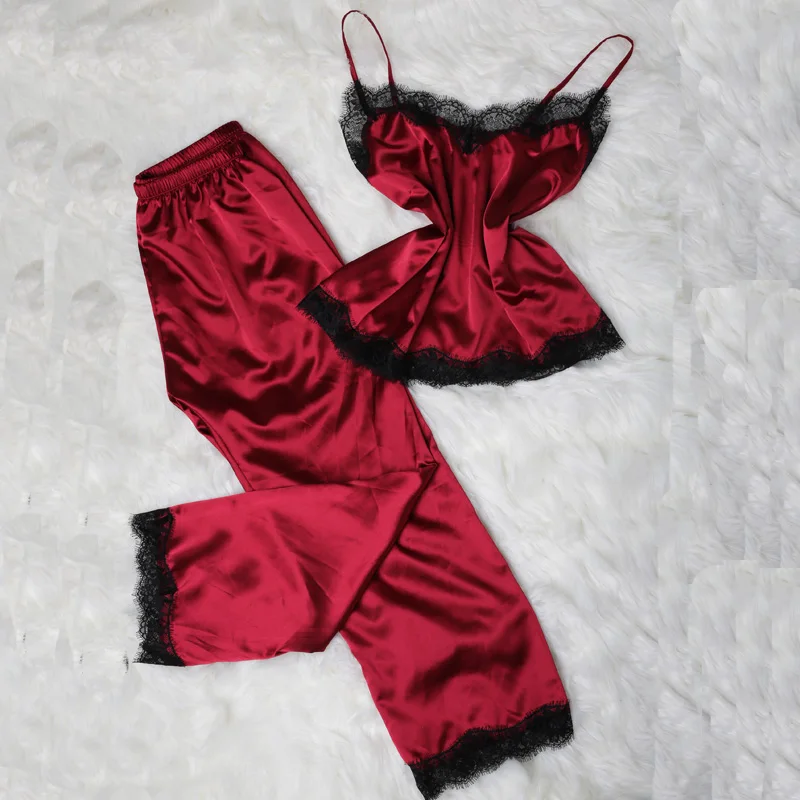 

Satin Pajamas for Women Lace Top with Long Pant Winter Sleepwear Silk Pijama Comfortable Home Clothes