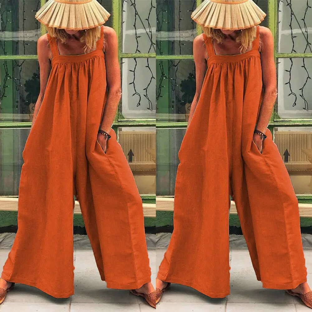 Orange Women Loose Baggy Jumpsuit Dungarees Playsuit Romper Ladies Casual Wide Leg Trousers Summer Holiday Clothing - Color: Orange