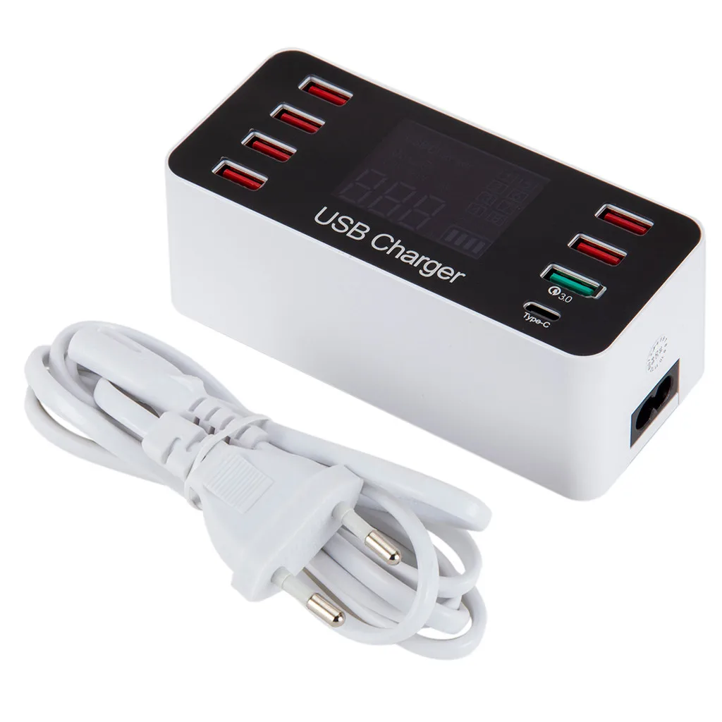 QC3.0+type-c 8Port USB Charger Fast Loader HUB+Type-C Charge 40W QC 3.0 LED Display YECF | Электроника