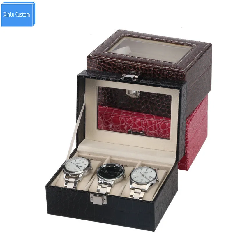 

3 Grids Black/Brown/Red Color Rutile Quartz Watch Box Storage&Display Leather Box Watch Case Glass Window Saat Box relogio hombl