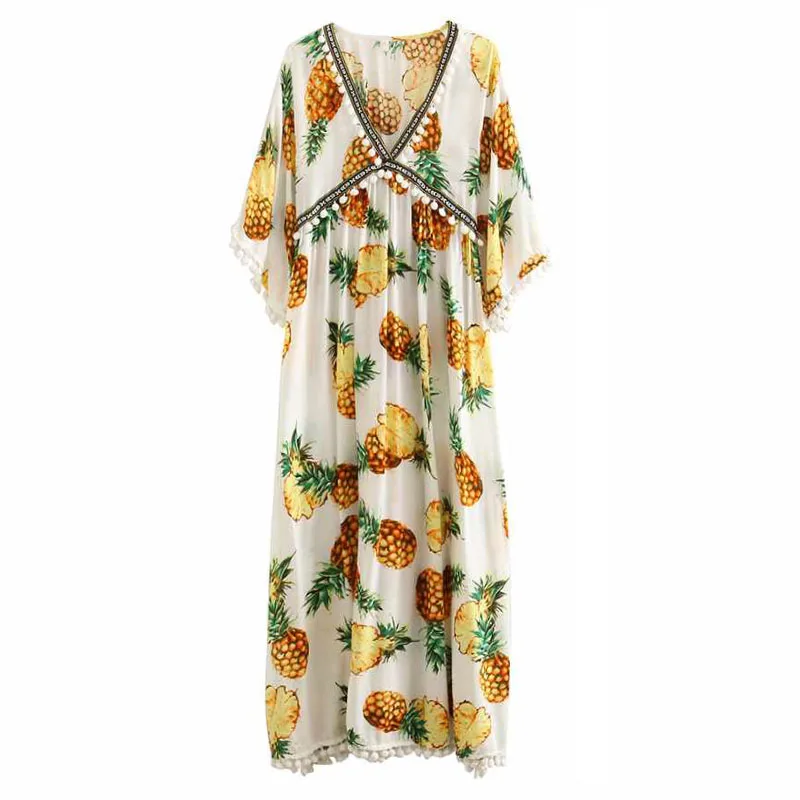 

PERHAPS U White Pineapple Print Bohemian Boho Deep V Neck Half Sleeve Hairball Tassel Midi Dress Women Beach D1162