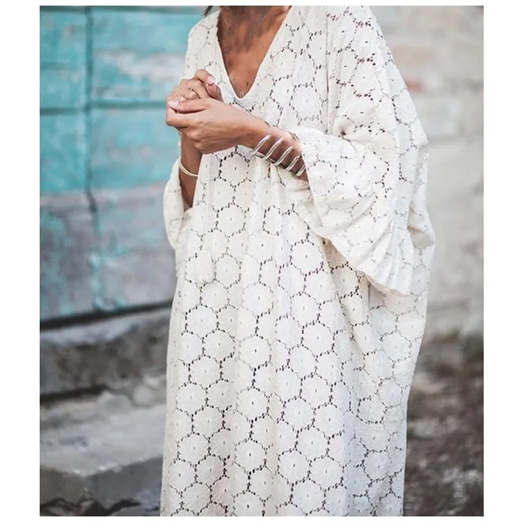 Женское кружевное платье с v-образным вырезом свободное пляжное длинное большого