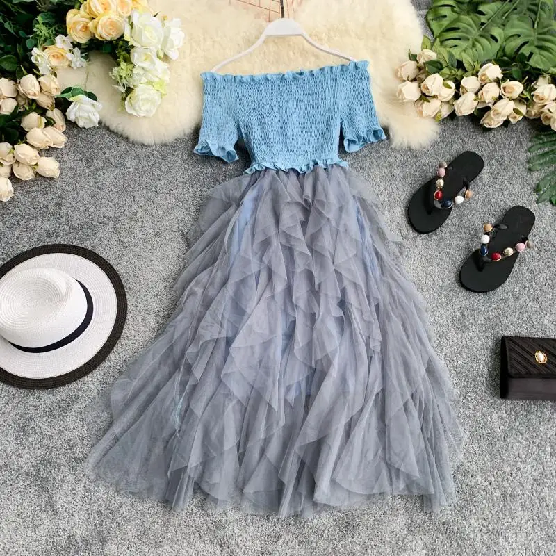 Небесно-голубой ALPHALMODA, Дамское милое бальное платье, платье с эластичным верхом, с открытыми плечами, неровное, гофрированное, Сетчатое, лоскутное, для женщин, Ретро стиль, принцесса, vestidos - Цвет: Небесно-голубой