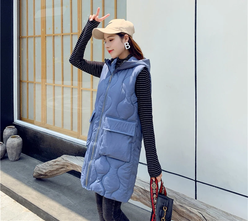 Women Hooded Long Vest Jacket Gilet Sleeveless Waistcoat Women's Outerwear with Hood